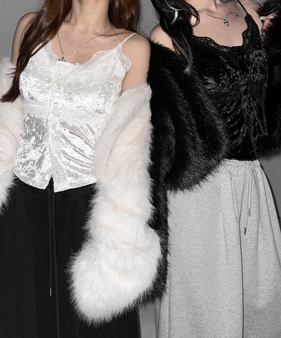 フロントボタンレースベロアショートキャミソール ／ front button lace velor short camisole
