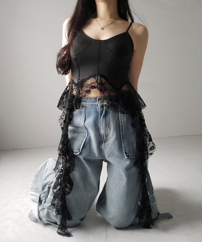 【 ２color 】レースフリルレイヤードビスチェキャミソール ／ lace frill layered bustier camisole