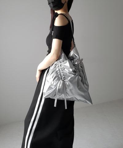 【 ２color 】シャーリングリボンメタリックトートバッグ ／ shirring ribbon metallic tote bag