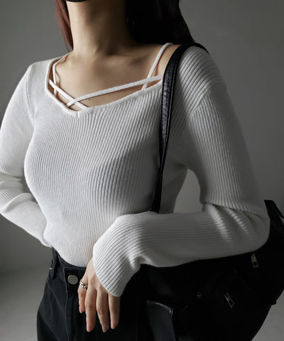 【 ３color 】クロスラインストラップデザインリブニット