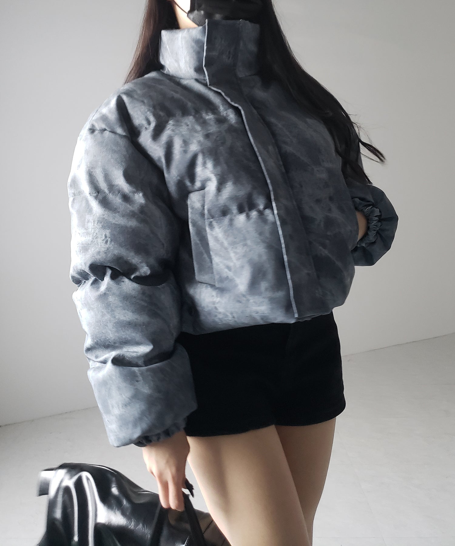 【 セットアップ着用可能 】ヴィンテージライクフェイクレザーショートダウンジャケット ／ vintage like fake leather short down jacket