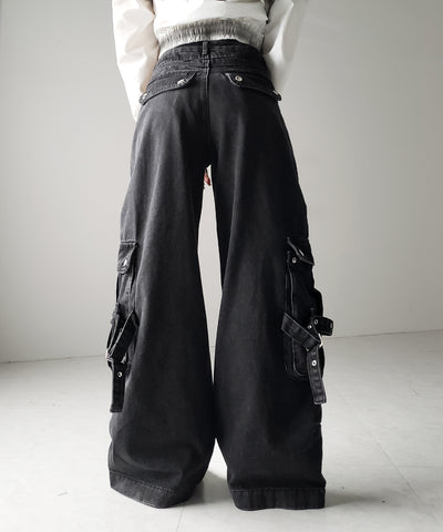 【 ４size 】カーゴプリーツブラックヴィンテージワイドデニム ／cargo pleated black vintage wide denim