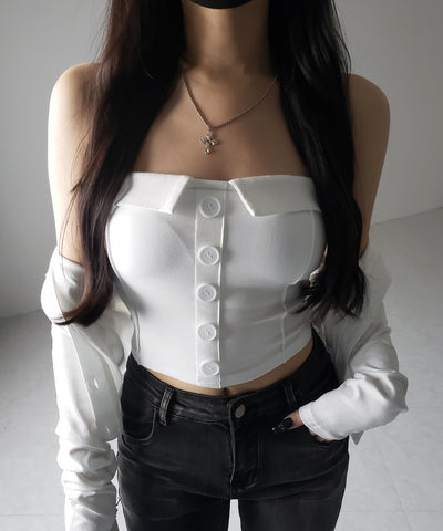 【 2点セット 】フロントボタンベアトップ ＋ クロップドカットソーカーディガン SET ／ front button bare top + cropped cutsaw cardigan SET