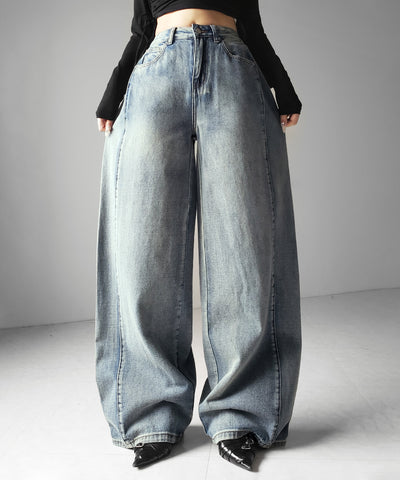 ヴィンテージライクウォッシュカーブワイドデニム ／ vintage like wash curve wide denim