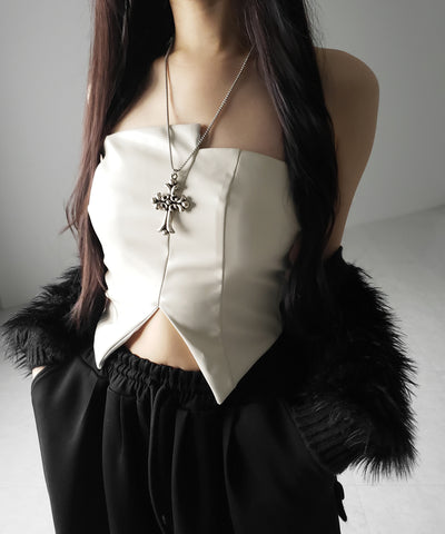 【 ２color 】アシンメトリー切替フェイクレザービスチェ ／ asymmetry switching fake leather bustier