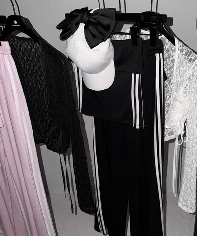 【 セットアップ 】サイドラインベアトップ＋タックワイドカットソーパンツ SETUP ／ ( SETUP ) sideline bare top + tack wide cutsew pants