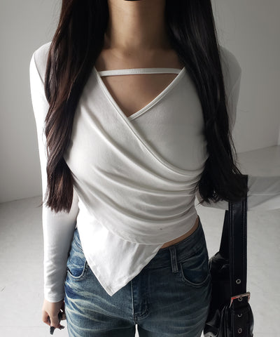 【 ３color 】ラインストラップギャザークロスレイヤードトップス ／ line strap gather cross layered Tops