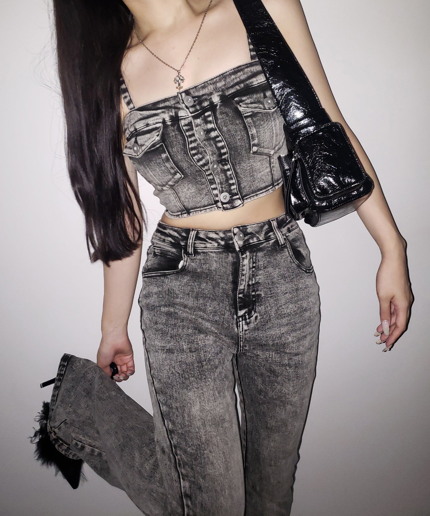 【 セットアップ 】ヴィンテージライクデニムビスチェ ＋ ストレッチフレアデニム SET ／ 【 SET UP 】 vintage like denim bustier + stretch flare denim