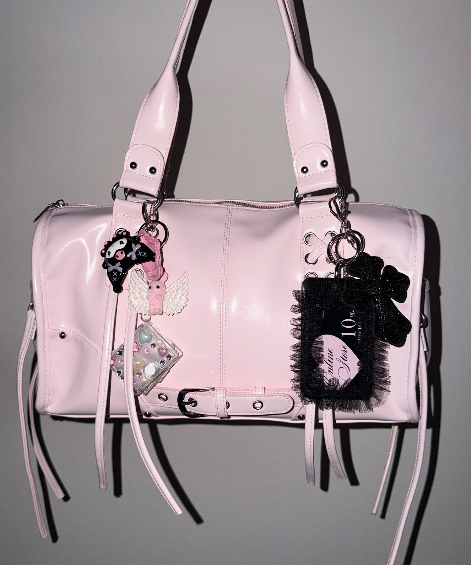 【 ショルダーストラップ付き２WAY 】レースアップベルテッドフリンジボストンショルダーバッグ／lace up belted fringe boston shoulder bag