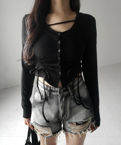 【 ２color ／ 裏起毛 】ナナメストラップダブルシャーリングリボントップス ／ naname strap double shirring ribbon tops