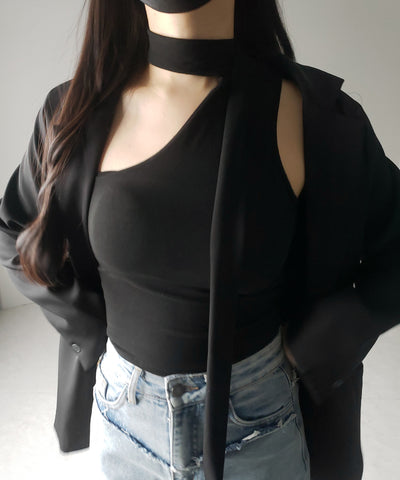 【 ３color ／ カップ付 】チョーカータイアシンメトリーワンショルキャミソール ／ choker tie asymmetry one-shoulder camisole