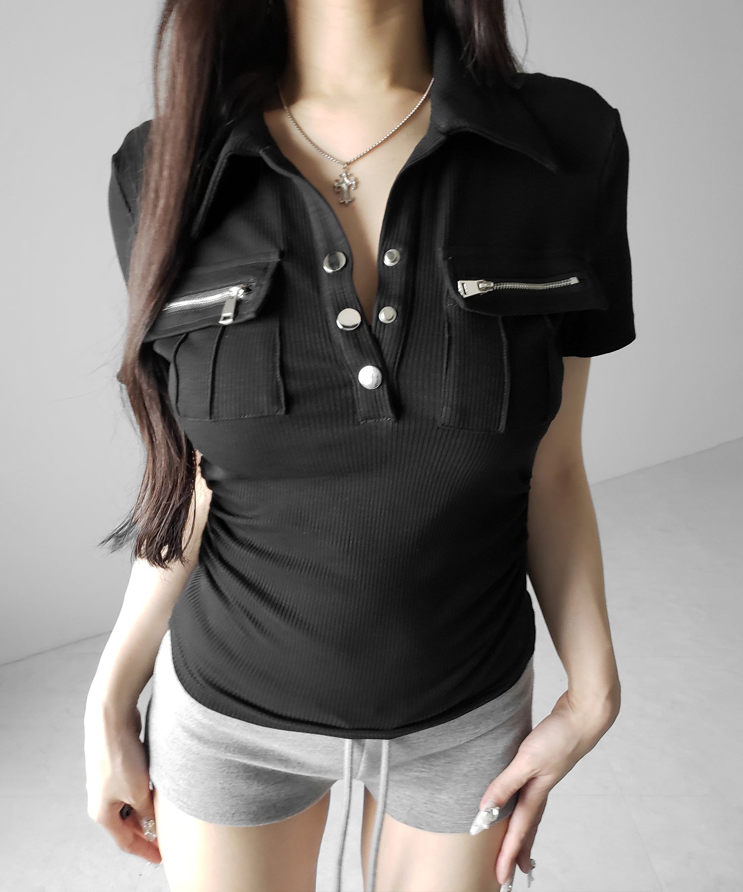 アウトポケットポロネックリブカットソートップス ／ out pocket polo neck rib cutsew tops