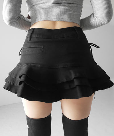 【 インパン裏地付 】レースアップブラックフリルミニスカート ／ laceup black frill mini skirt