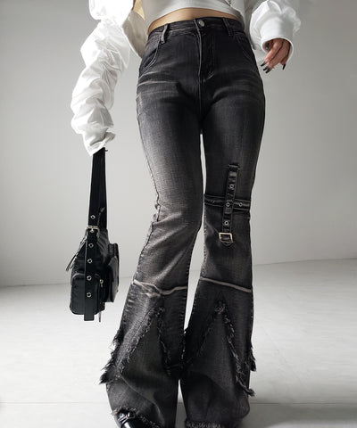 【 ２color ／ ４size 】クロスデザインヴィンテージライクフリンジストレッチフレアデニム ／ cross design vintage-like fringe stretch flare denim