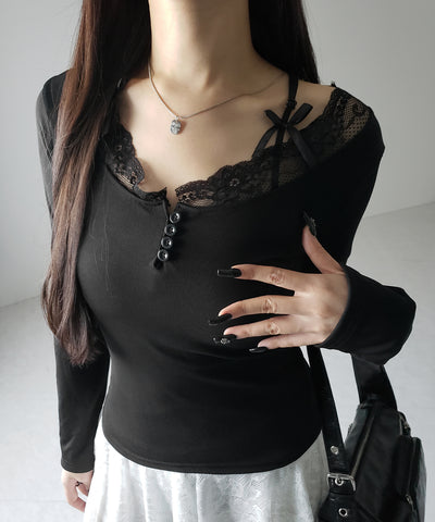 【 ２color 】ストラップダブルリボンレースカットソートップス ／ strap double ribbon lace cutsew tops