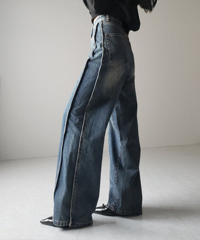 【 ３color ／ ４size 】サイドタック切替ハイウエストストレートデニム ／side tack kirikae highwaist straight denim