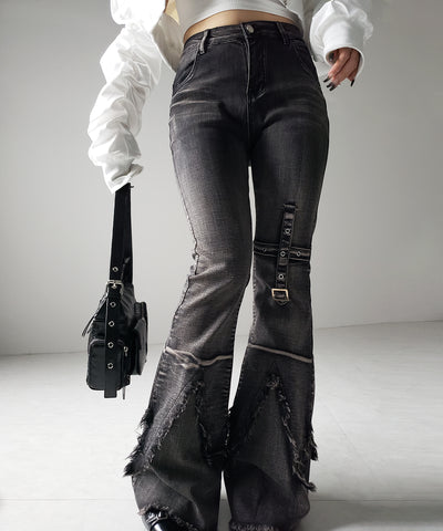 【 ２color ／ ４size 】クロスデザインヴィンテージライクフリンジストレッチフレアデニム ／ cross design vintage-like fringe stretch flare denim