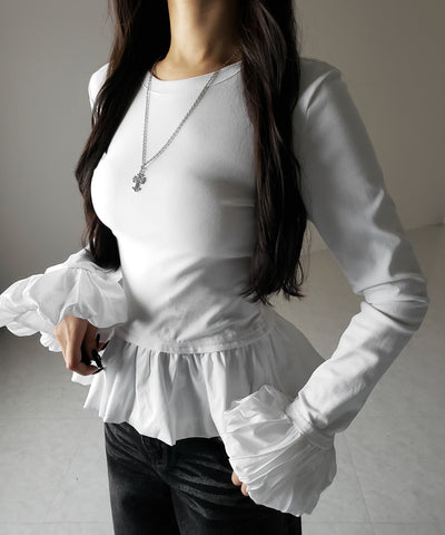 【 ２color 】裾バルーンフリルカットソートップス ／ hem balloon frill cutsew tops
