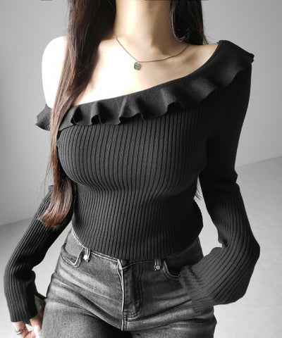 ワンショルフリルタイトリブニットトップス ／ one-shoulder frill tight rib knit tops