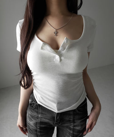 ヘンリーネックスクエアギャザー半袖Ｔシャツ ／henley neck square gather short sleeve T-Shirt
