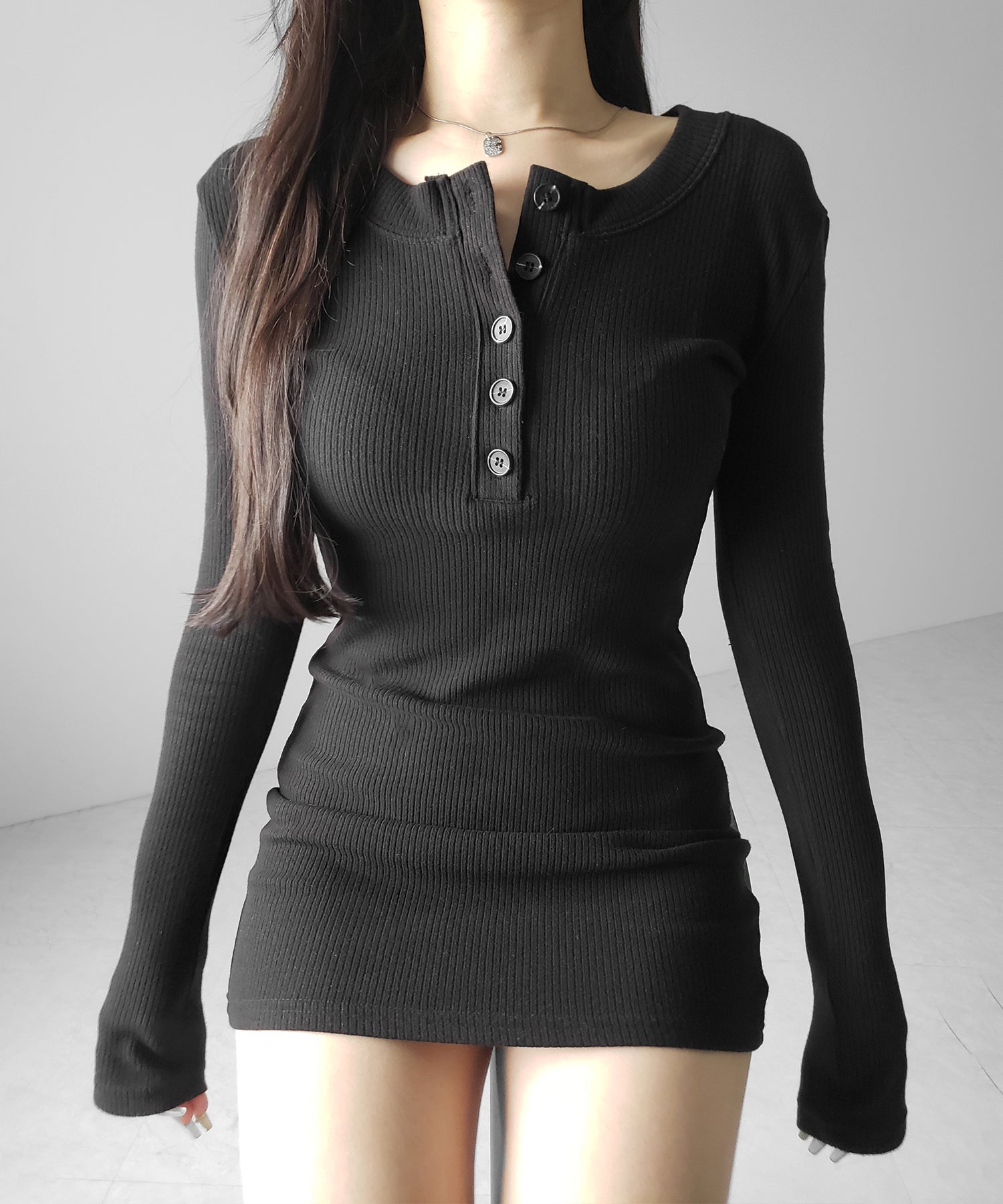 裏起毛ヘンリーネックタイトミニワンピース ／ urakimo henley neck tight mini onepiece