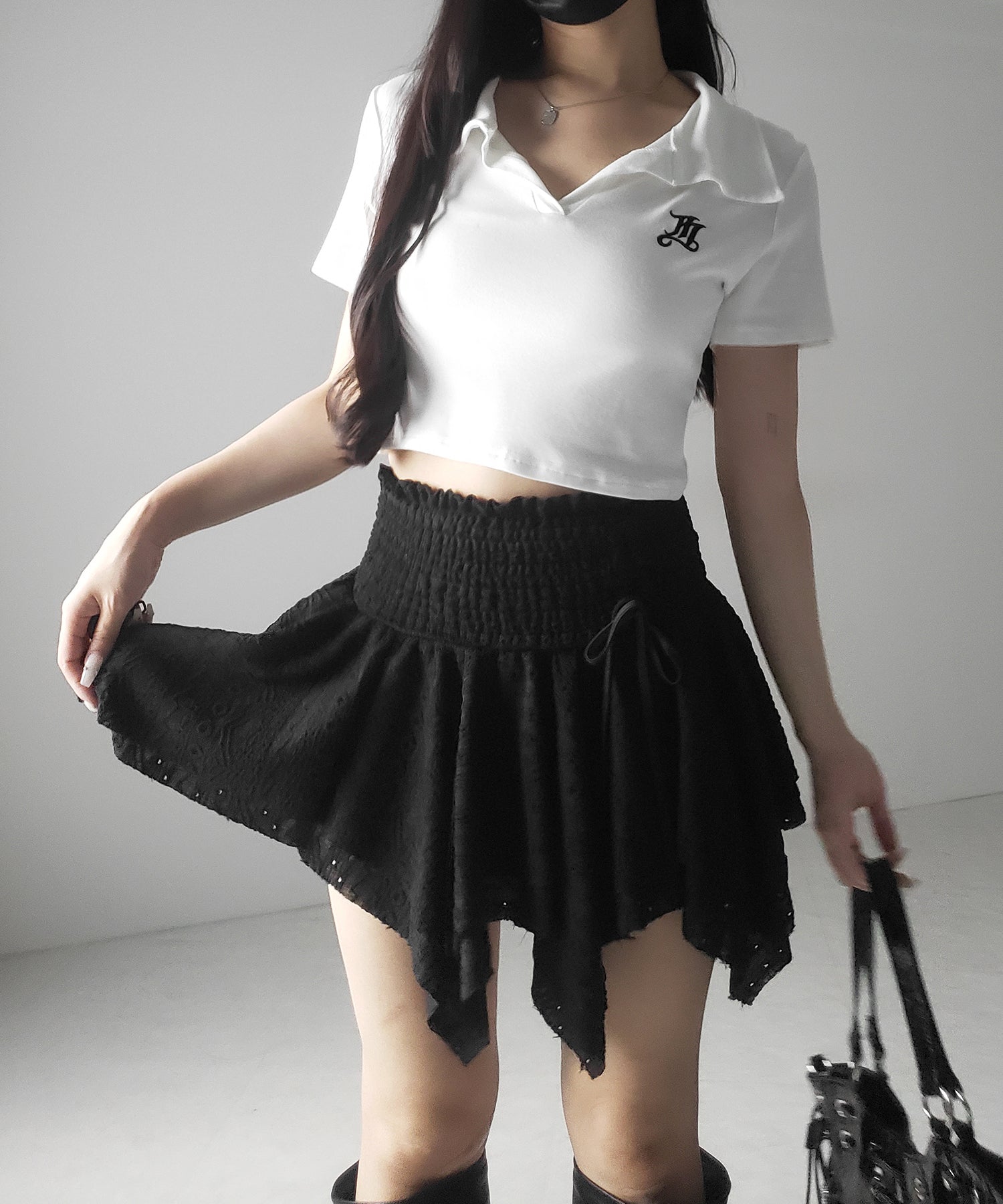 【 トップスとしても使える２WAY 】シャーリングリボンフリルビスチェミニスカート ／ shirring ribbon frill bustier mini skirt