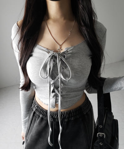 【 ３color 】レースアップフロントリボンショートスリムトップス ／ lace up front ribbon short slim tops