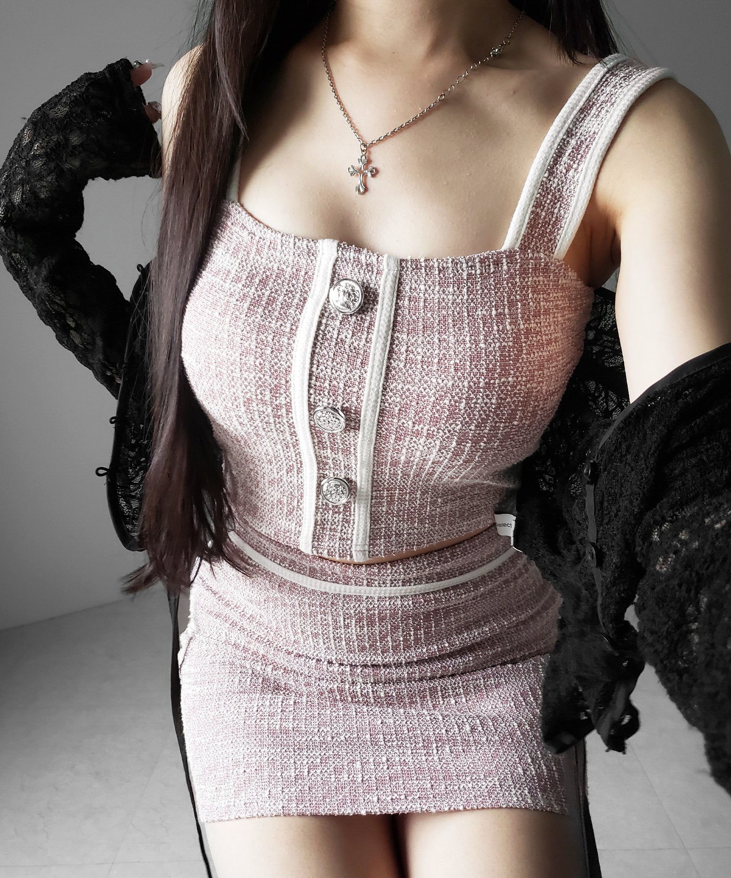 【 セットアップ】ツイードボタンショートビスチェ ＋ ミニスカート ＳＥＴ ／ 【 SETUP 】tweed button short buister ＋ mini skirt SET