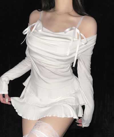 【 セットアップ 】ストラップリボンドレープオフショルトップス＋フリルミニスカート SET