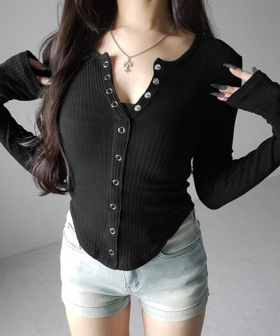 スナップボタンタイトリブカットソートップス ／ snap button tight ribbed cutsew tops