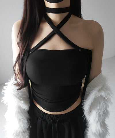 【 ３color ／ カップ付 】ロングチョーカークロスネックキャミソール ／ long choker cross neck camisole