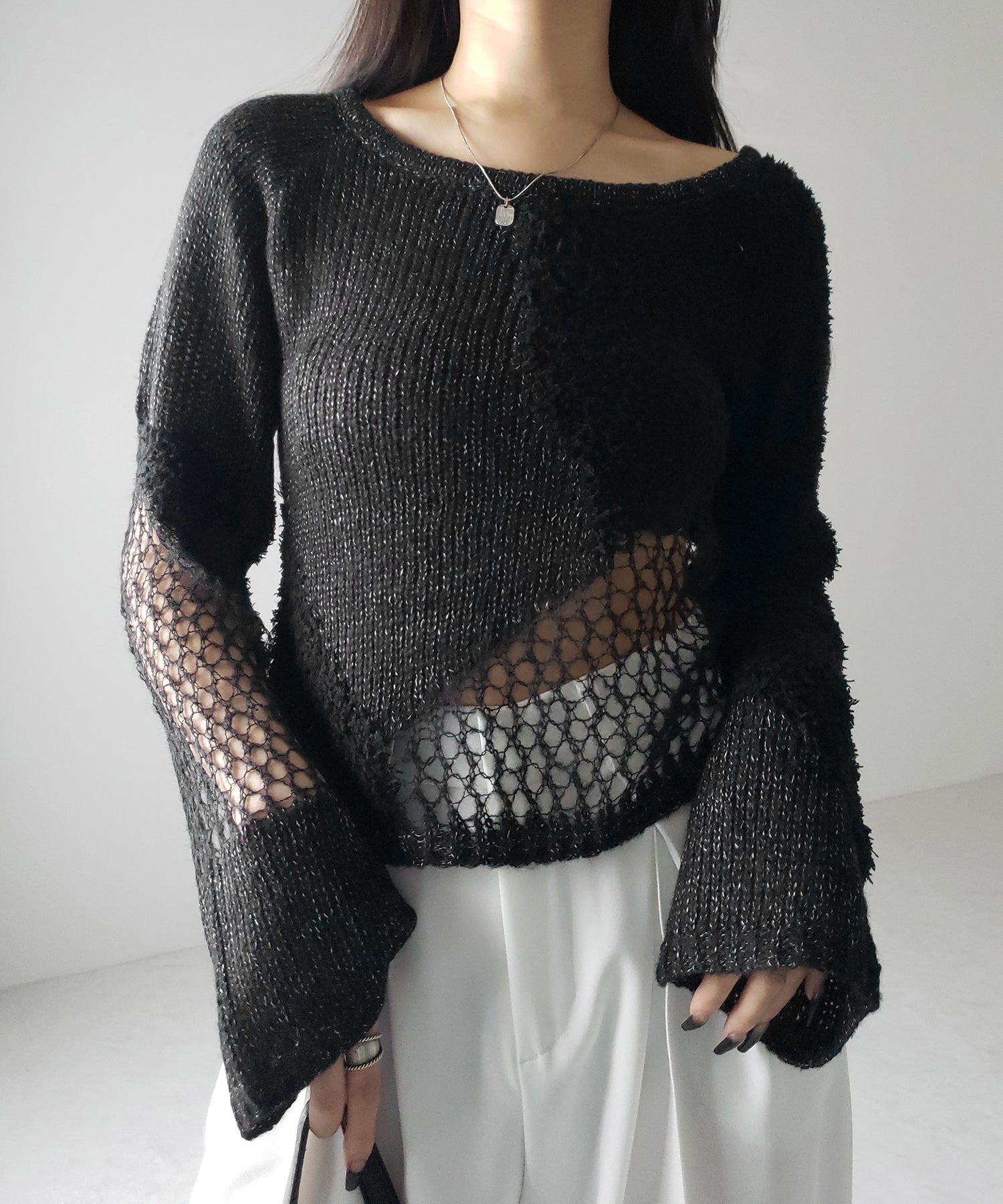 【 ２color 】異素材ドッキングスカシアミニットトップス ／ mixed material docking openwork knit tops