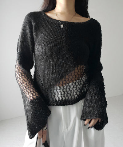 【 ２color 】異素材ドッキングスカシアミニットトップス ／ mixed material docking openwork knit tops