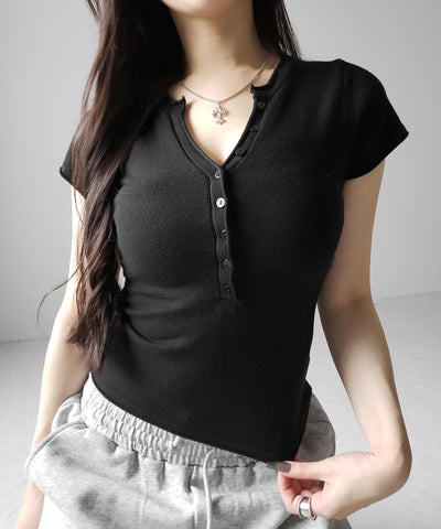 ヘンリーネック半袖ぴちニットトップス ／ henley neck short sleeve pichi knit tops