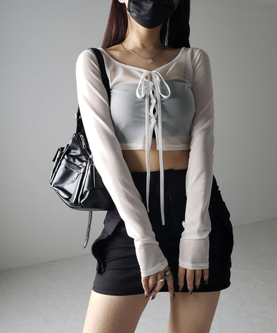 【 ３color ／ ２WAY 】クロスストラップリボンシアーショートカーディガン ／ cross strap ribbon sheer short cardigan