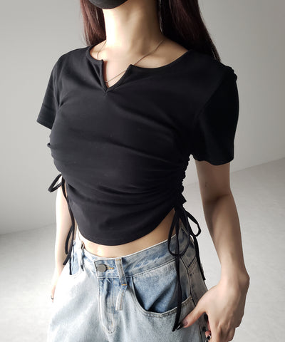 【 ２color 】サイドシャーリングリボン半袖ショートＴシャツ ／ side shirring ribbon short Tee
