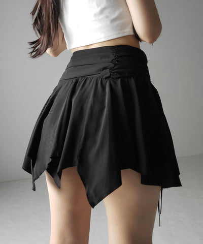 【 ２color ／ ２size 】シャーリングダブルリボンアシンメトリーフリルミニスカート ／ shirrin double ribbon asymmetry frill mini skirt