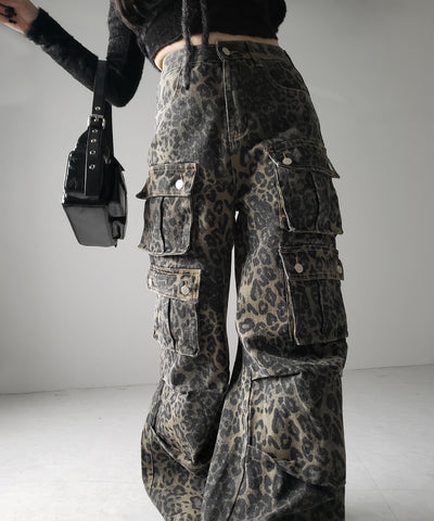【 ２color ／ ４size 】レオパードヴィンテージタックワイドカーゴデニム ／ leopard vintage tuck wide cargo denim
