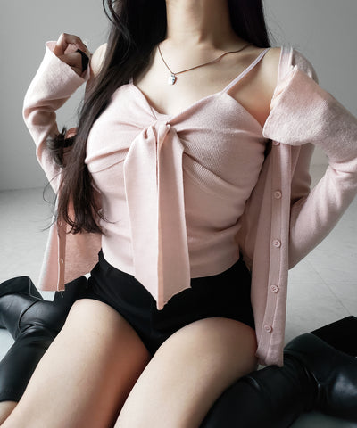 【 ２点セット 】リボンニットキャミソール ＋ カーディガンセット ／ribbon knit camisole + cardigan SET