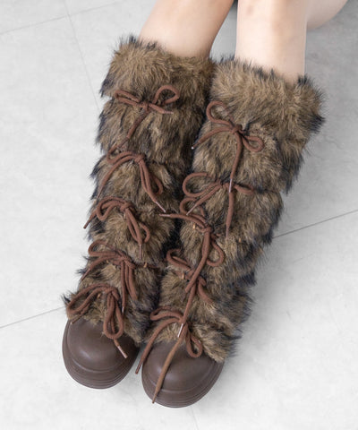 ボリュームフェイクファーレースアップロングブーツ ／ volume fake fur laceup long boots
