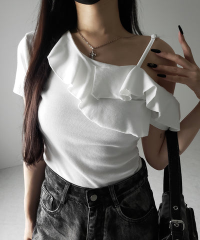 【 ３color 】ワンショルストラップフリルリブTシャツ ／ one shoulder strap frill ribbed T-shirt