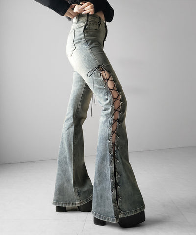 レースアップカットアウトストレッチフレアデニム ／ lace up cutout stretch flare denim