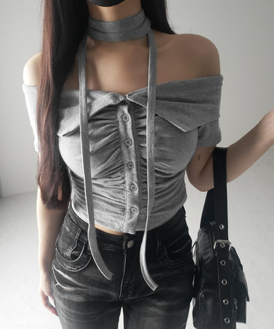 【 ３color 】チョーカーロングタイ付き　オフショルダータックギャザーＴシャツ ／ choker long tie SET offshoulder tuck gather slim T-shirt