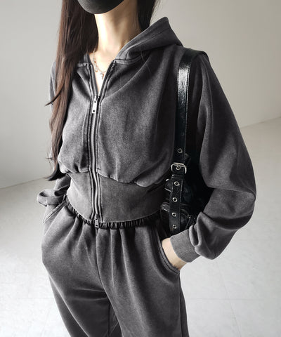 【 セットアップ 】ピグメントヴィンテージショートパーカー ＋ ワイドパンツ SET ／ pigment vintage short hoodie + wide pants SET