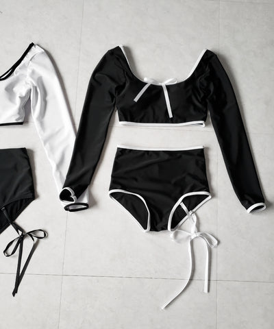 【 レディース水着／２点セット 】フロントリボンモノトーンハイウエストビキニ ／ front ribbon monotone high waist bikini