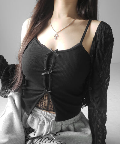 フロントリボンレースレイヤードリブキャミソール ／Front ribbon lace layered ribbed camisole