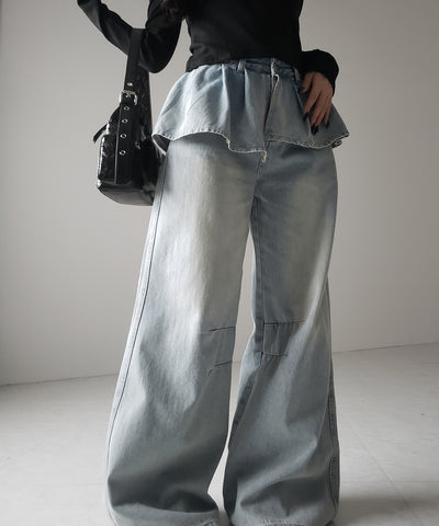 【 ２color ／ ４size 】フリルドッキングレイヤードヴィンテージワイドデニム ／ frll docking layered vintage wide denim