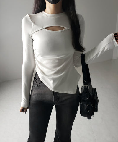 【 ３color 】カットアウトサイドシャーリングアシンメトリートップス ／ cut-out side shirring asymmetry tops