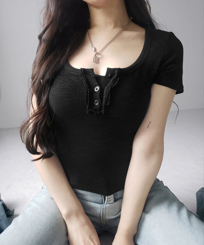 スクエアヘンリーネック半袖ピチＴシャツ ／square henley neck short sleeve pichi T-Shirt