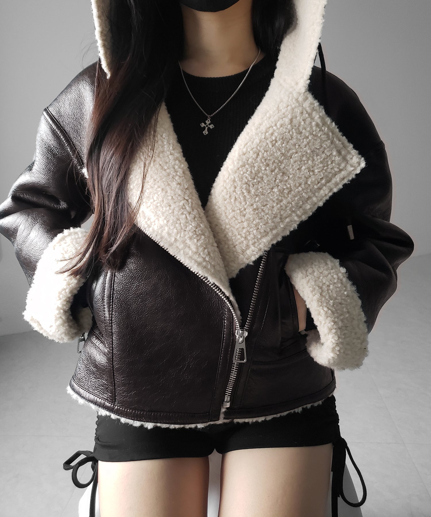 ヴィンテージレザーフーディボアムートンジャケット ／ vintage leather hoodie boa mouton jacket